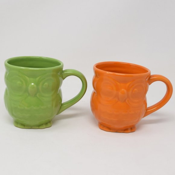 2 Owl Mugs Ceramic Orange Green 12 oz 3D Shaped Retro Boho - Picture 4 of 11